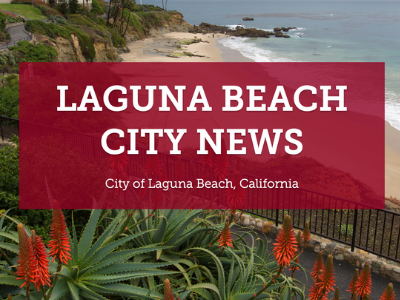 View of the ocean from a park overlooking a cliff with the words Laguna Beach City News superimposed on the image